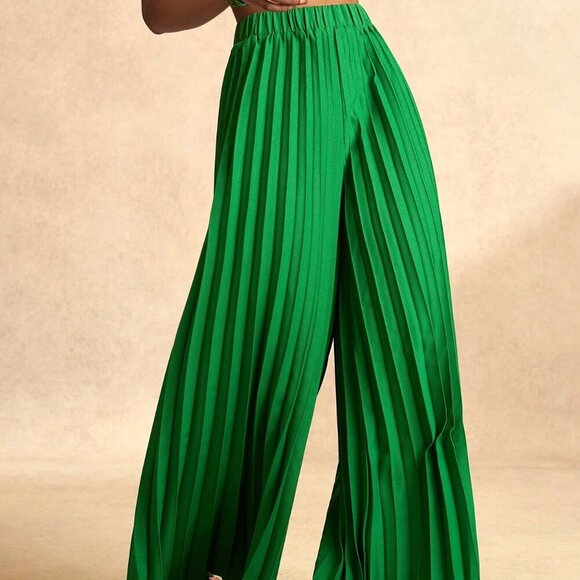 Green Casual Women's Elegant Pleated Wide-Leg Elastic Waist Pants - Picture 4 of 8